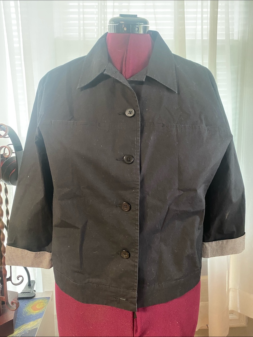 Talbots Black Button-Front Cropped Jacket with Contrast Cuffs